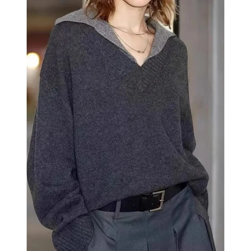 V-neck double-neck 100 cashmere sweater loose sweater knitted sweater women's wool base layer - Image 3