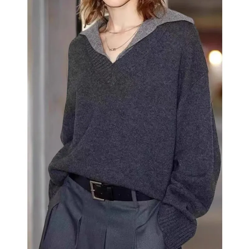V-neck double-neck 100 cashmere sweater loose sweater knitted sweater women's wool base layer - Image 2