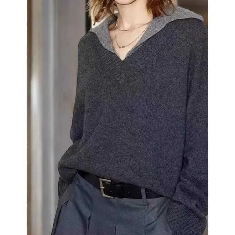 V-neck double-neck 100 cashmere sweater loose sweater knitted sweater women's wool base layer - Image 4